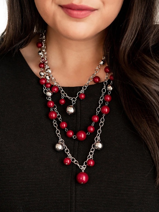paparazzi Jewelry - 🍍Timeless Layered Red and Silver Bead Pendant Necklace